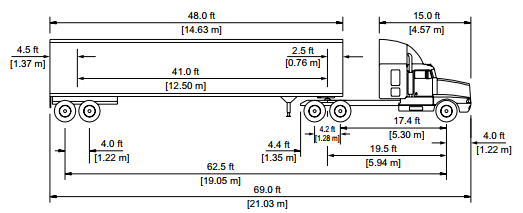 Illustration of length and height dimensions for WB-62 design vehicle