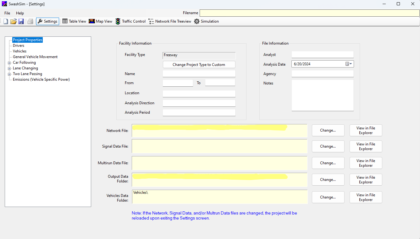 Project Properties Screen