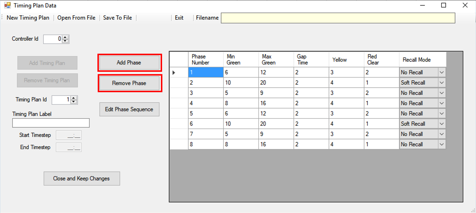 Timing Plan Data (Add, Remove Phase)